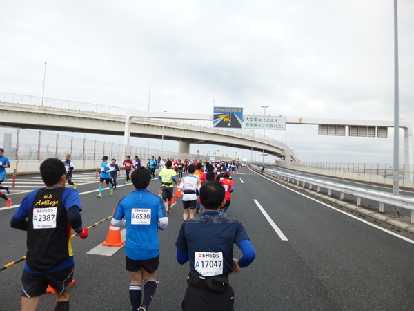 横浜マラソン2016 首都高速湾岸線 本牧ふ頭折り返し（32km手前）