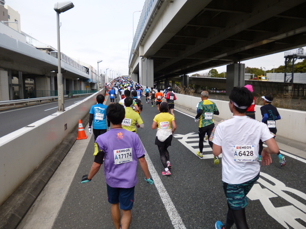 横浜マラソン2016 首都高速湾岸線 杉田入り口への坂道（21km過ぎ）